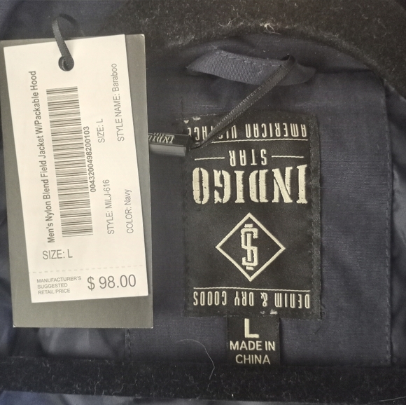 Denim and Dry Goods Indigo Star NWT Navy Nylon Blend Field Coat W Packable Hood - Picture 9 of 14